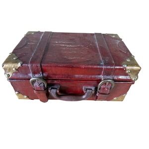 Vintage 90s Burgundy Trunk Decorative Storage Box Brass Corners Accents Chest